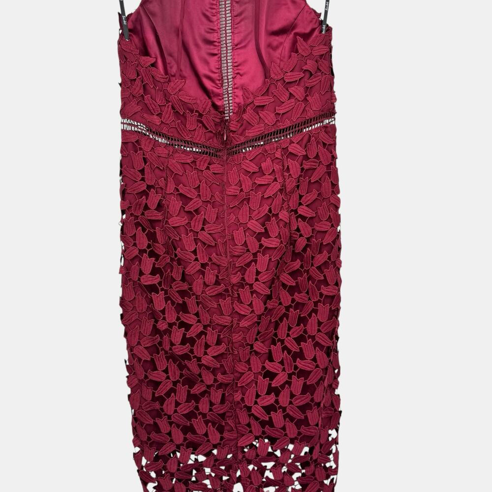 Bardot Gemma Halter Lace Midi Dress 6 Burgundy Sheath Open Back Illusion Hem NWT - Picture 10 of 15